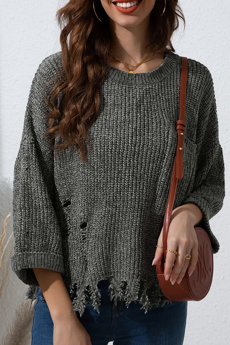 Hazel Blues® |  Distressed Round Neck Drop Shoulder Sweater