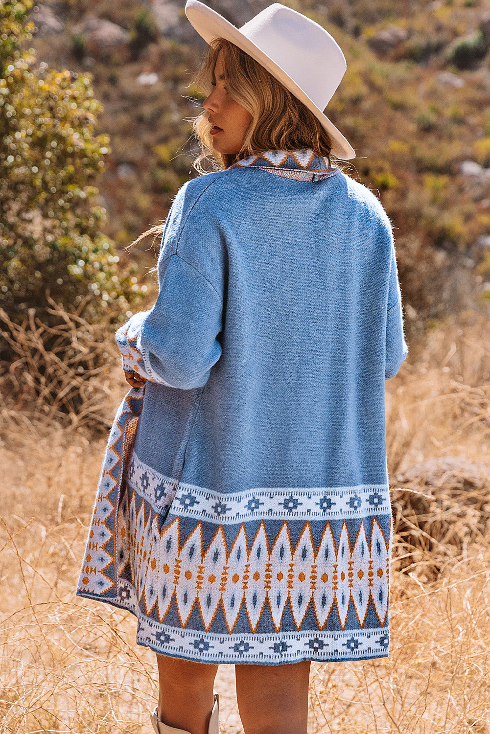Lila Jane Blue Aztec Print Open Front Knitted Cardigan