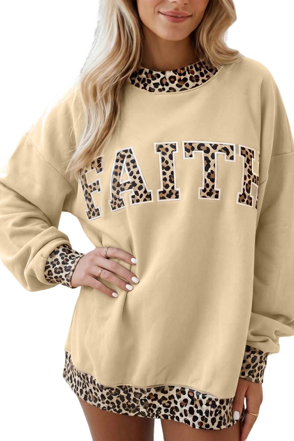 Hadley Lou Taupe Leopard Trim High Neck Faith Letter Graphic Baggy Sweatshirt