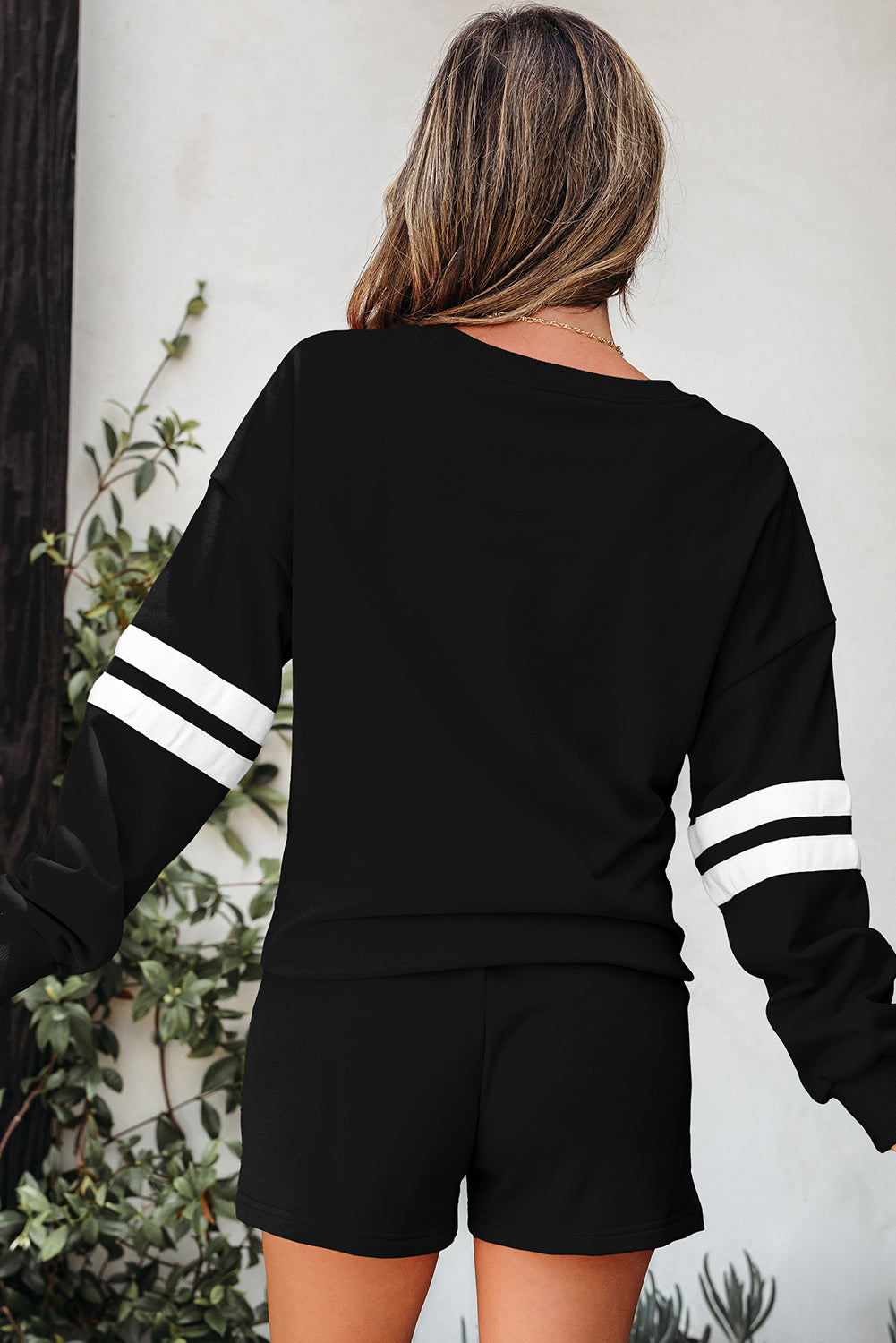 Ruby Rae Black Varsity Striped Sleeve Drop Shoulder Sweatshirt and Short Set