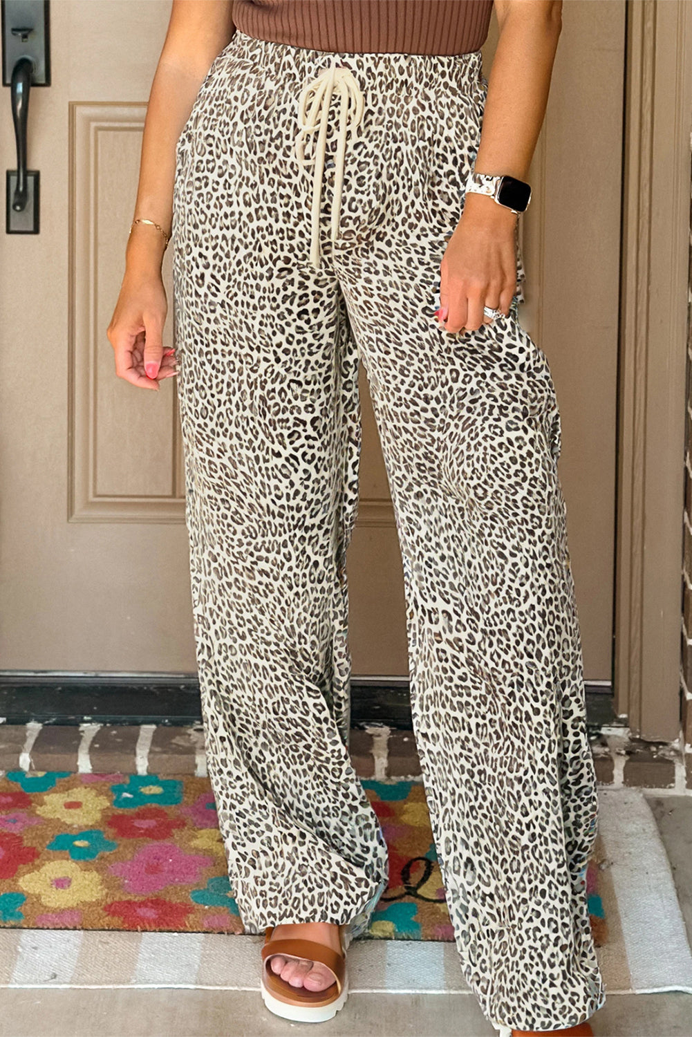 Hazel Blues® |  Brown Leopard Drawstring Elastic Waistband Loose Pants