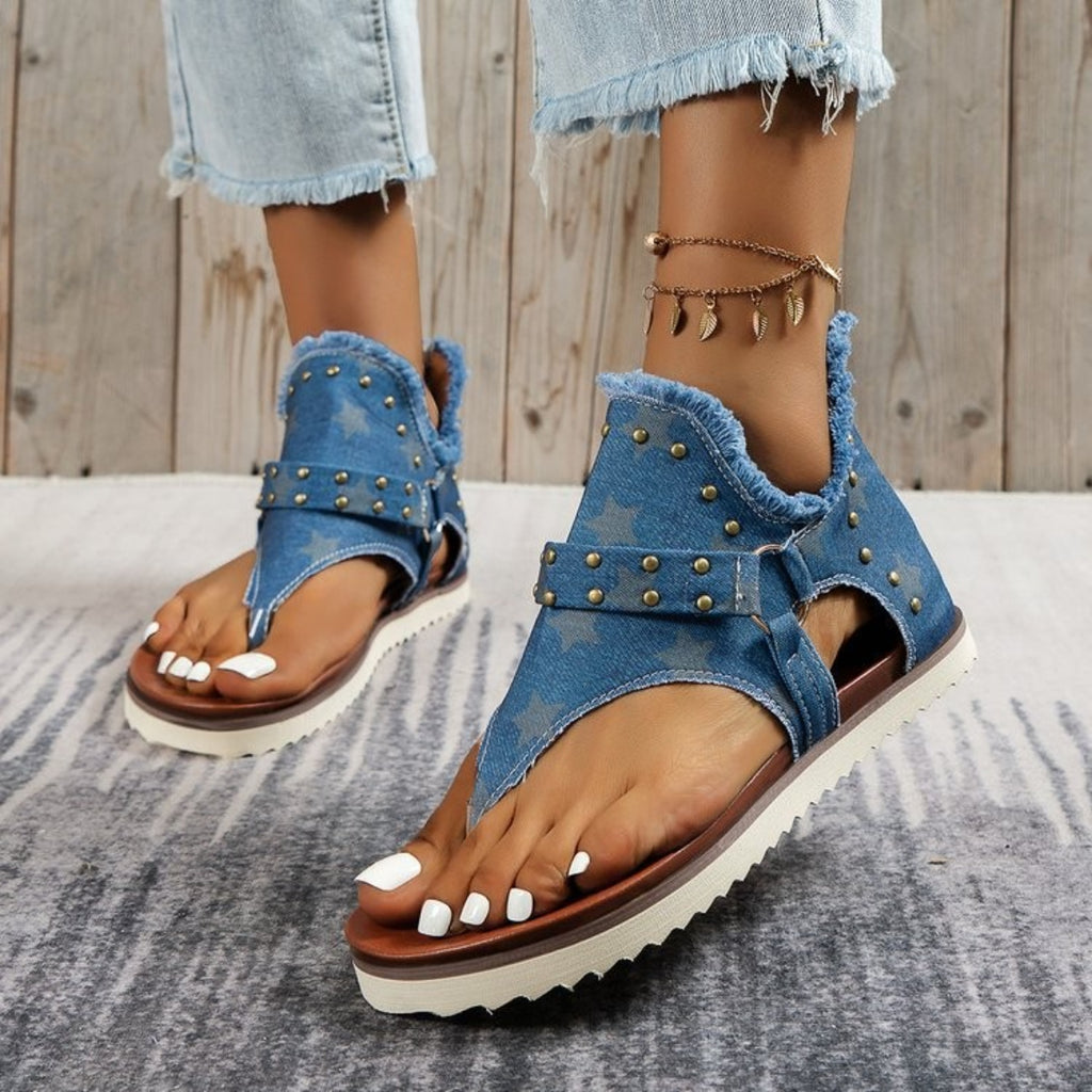 Hazel Blues® |  Studded Raw Hem Flat Sandals