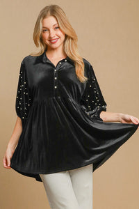 Hazel Blues® |  Umgee Pearl Detail Half Sleeve Velvet Babydoll Blouse