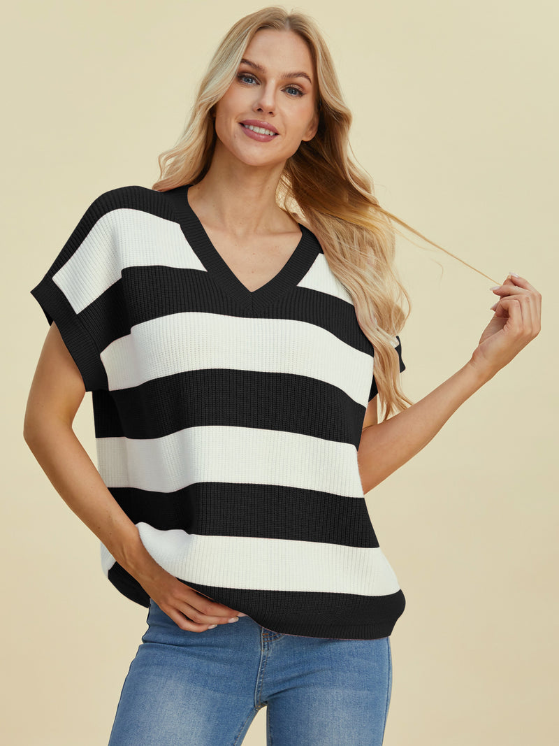 Hazel Blues® |  Double Take Striped V-Neck Short Sleeve Sweater