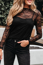 Hazel Blues® |  Black Lace Crochet Mesh Patched Slim Fit Long Sleeve Top