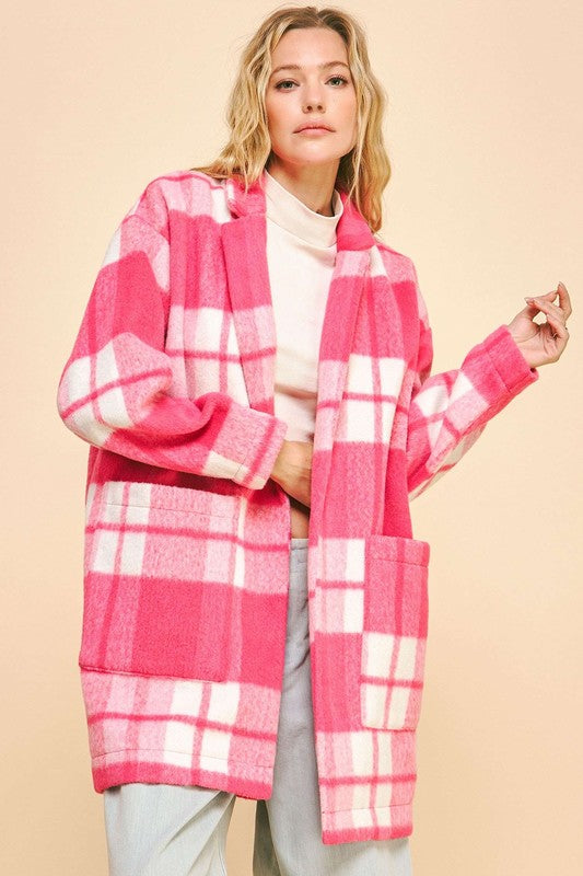 Hazel Blues® |  Davi & Dani Plaid Open Front Drop Shoulder Longline Coat