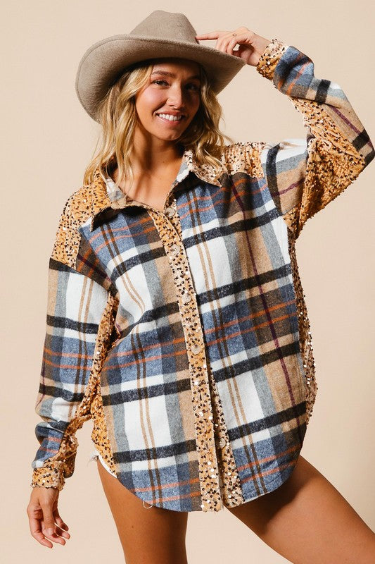 Hazel Blues® |  BiBi Curved Hem Sequin Plaid Button Up Shacket