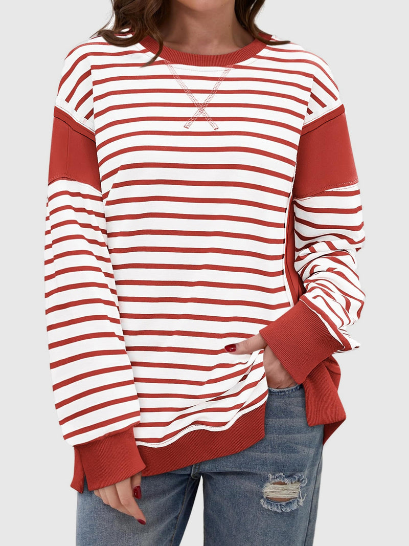 Hazel Blues® |  Slit Exposed Seam Striped Long Sleeve Sweatshirt