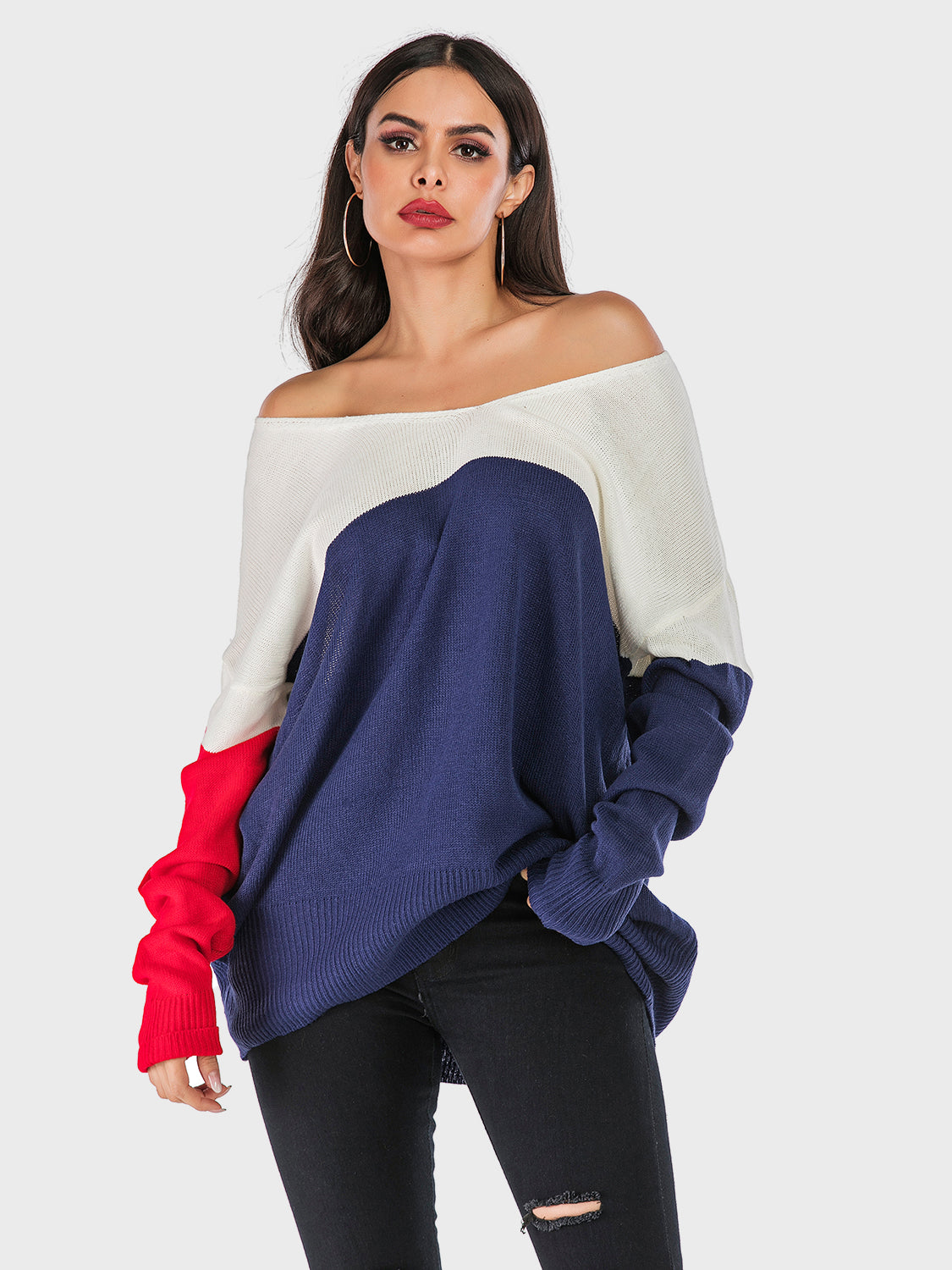 Hazel Blues® |  Perfee Contrast V-Neck Long Sleeve Knit Top