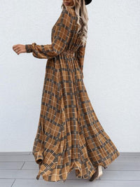 Hazel Blues® |  Slit Plaid Tie Neck Long Sleeve Maxi Dress