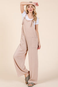 Hazel Blues® |  BOMBOM Knot Straps Wide Leg Ribbed Overalls with Pockets