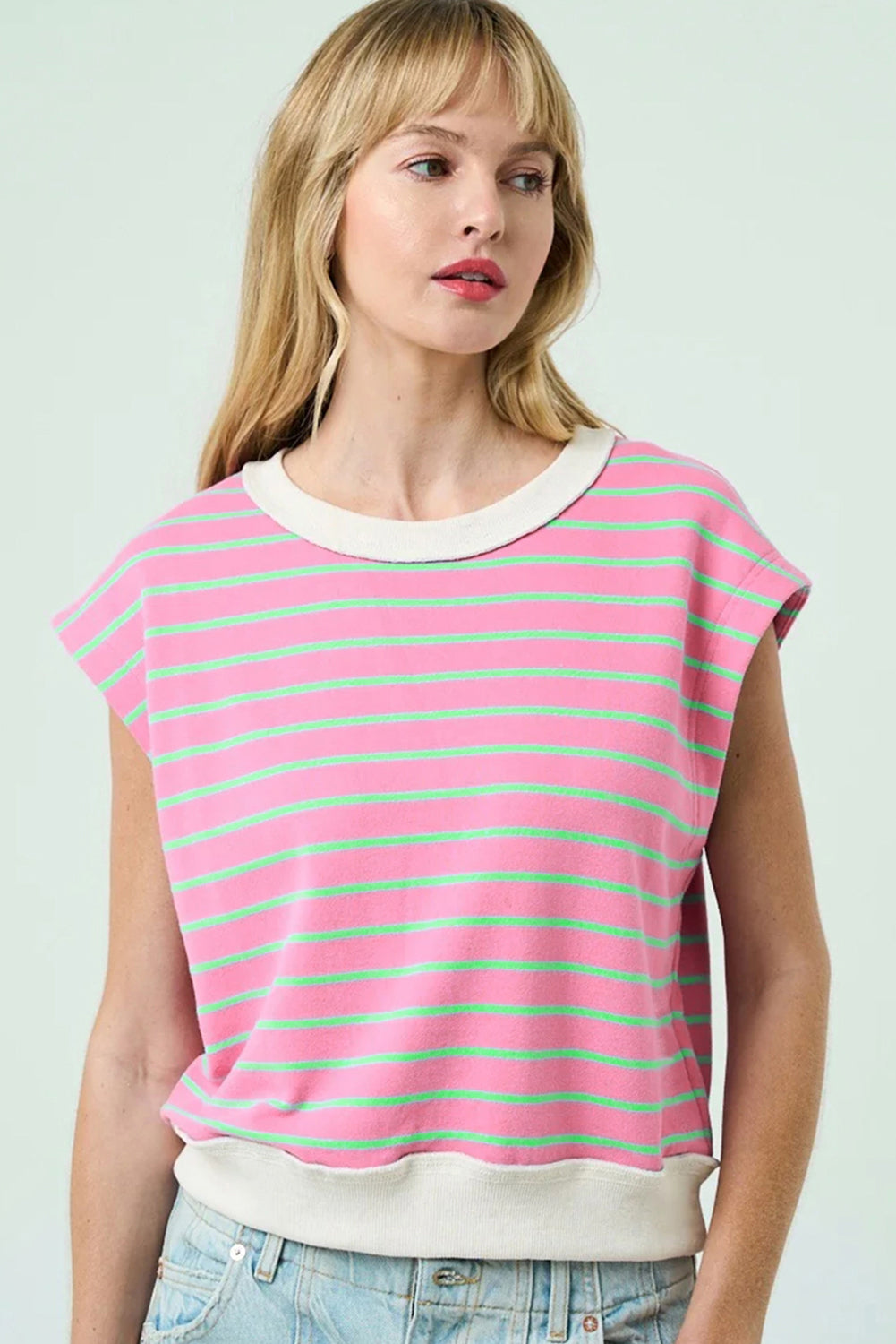Sachet Pink Striped Crew-Neck Cap Sleeve T-Shirt