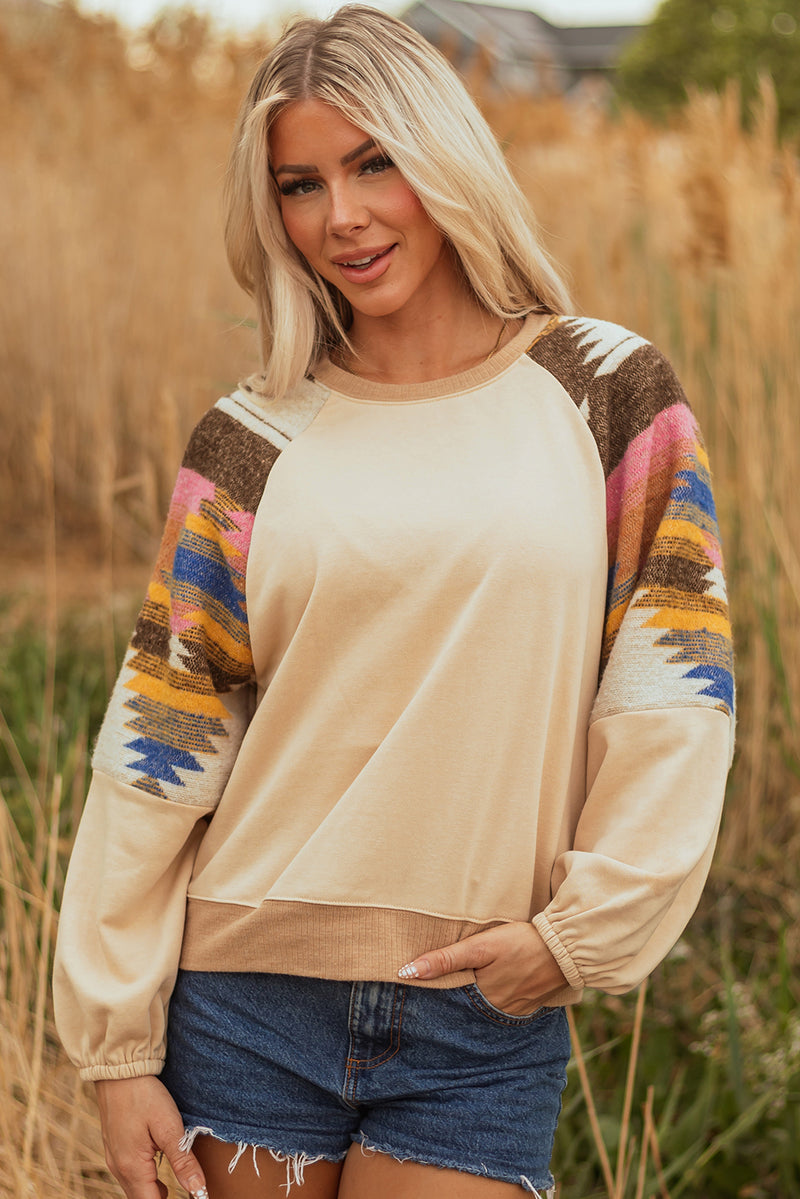 Hazel Blues® |  Light French Beige Aztec Patchwork Raglan Pullover Sweatshirt