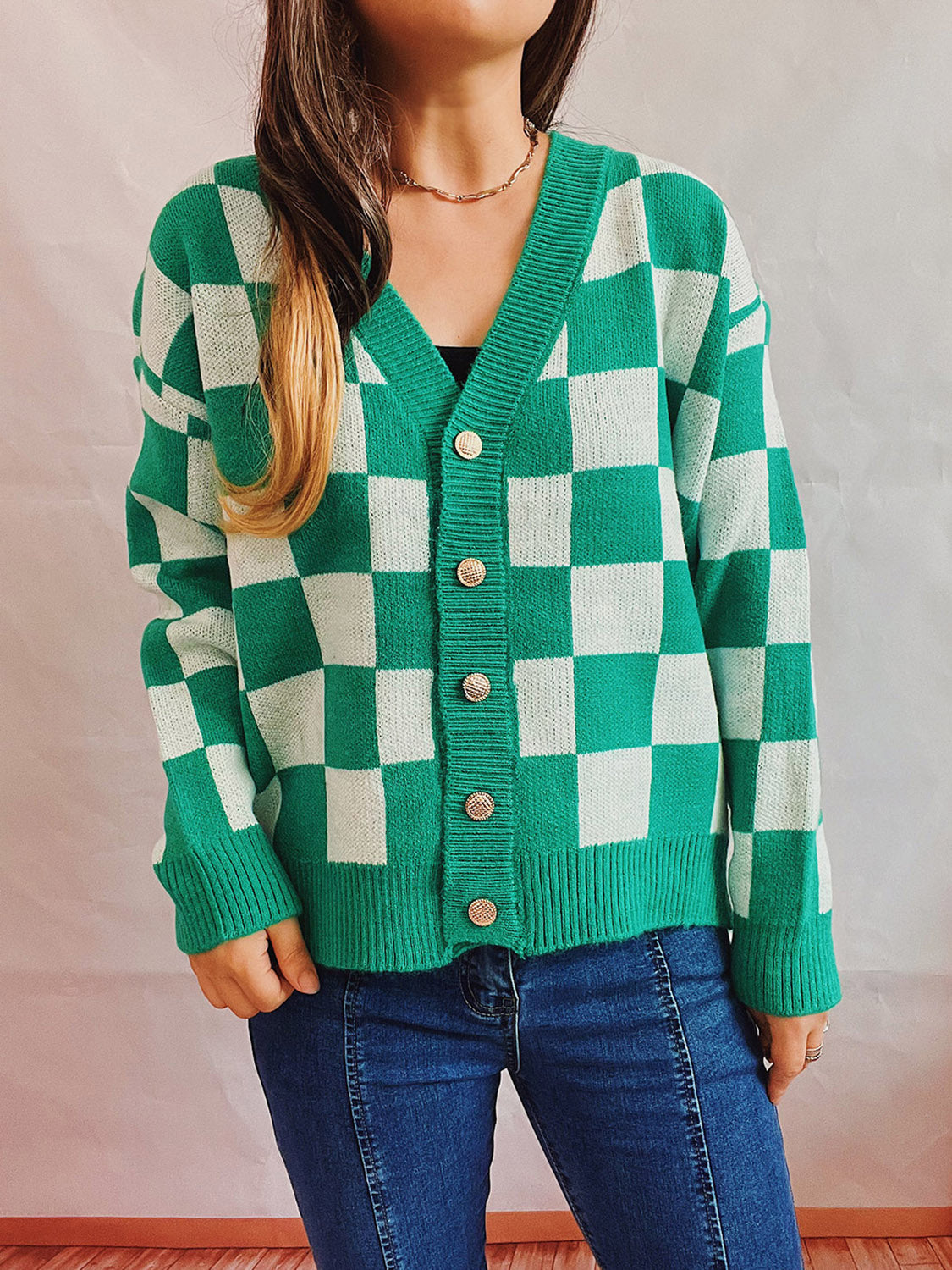 Hazel Blues® |  Checkered Open Front Button Up Cardigan