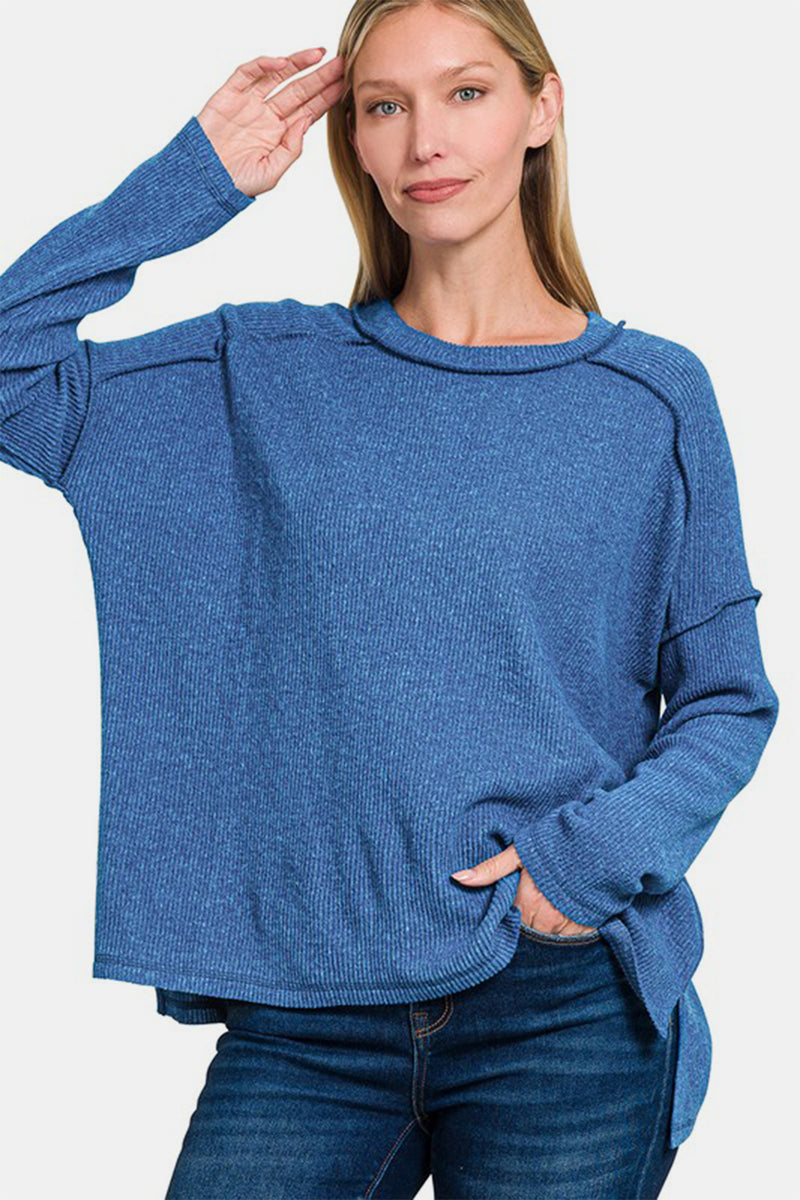 Hazel Blues® |  Zenana Exposed Seam Brushed Round Neck Sweater