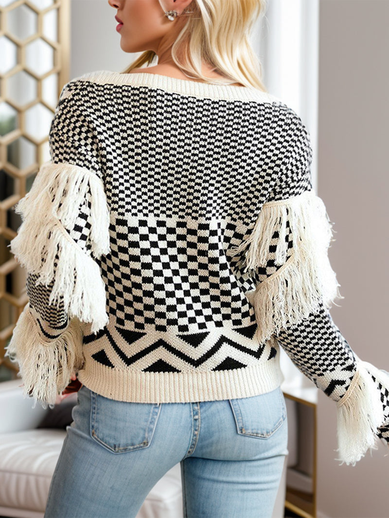 Hazel Blues® |  Geometric Fringe Detail V-Neck Sweater