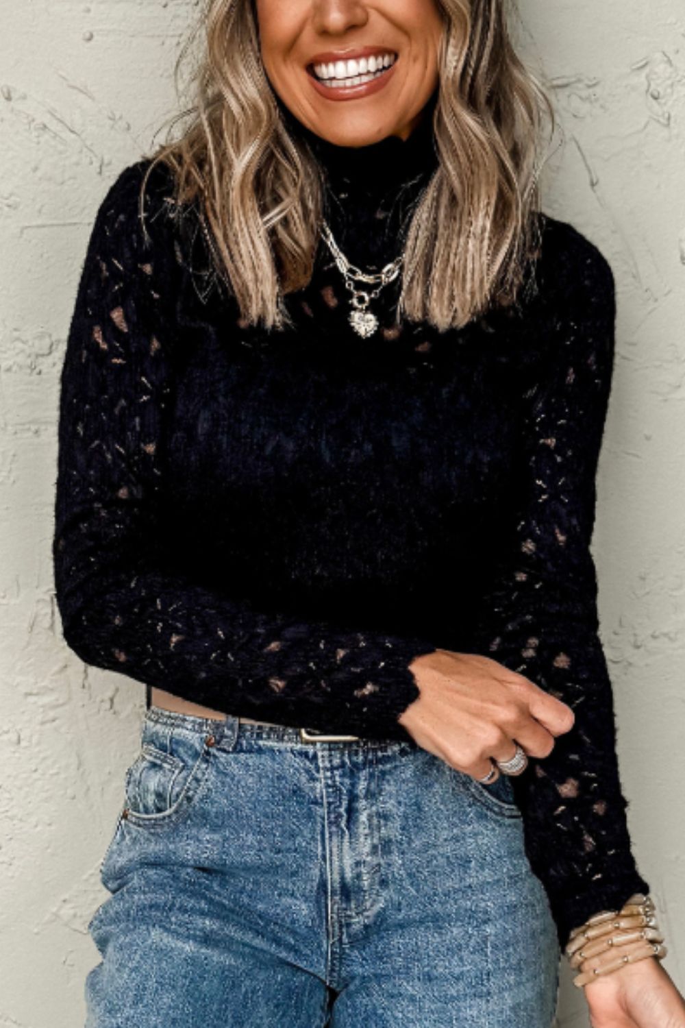 Crochet Turtleneck Long Sleeve Top