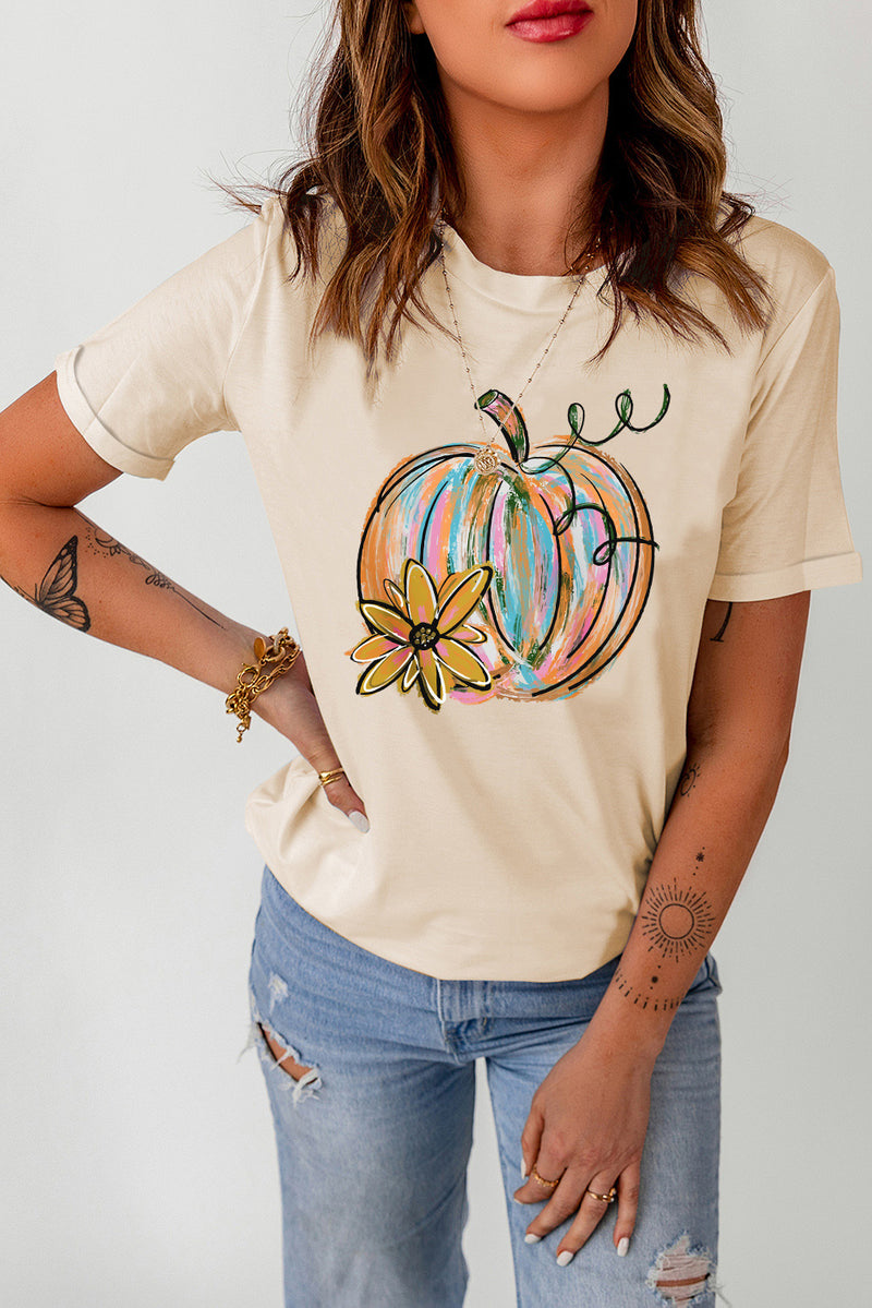 Hazel Blues® |  Khaki Pumpkin with Flower Graphic T Shirt