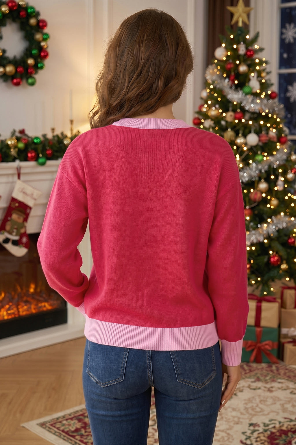 Red Drop-Shoulder Round-Neck Letter Print Color-Block Sweater