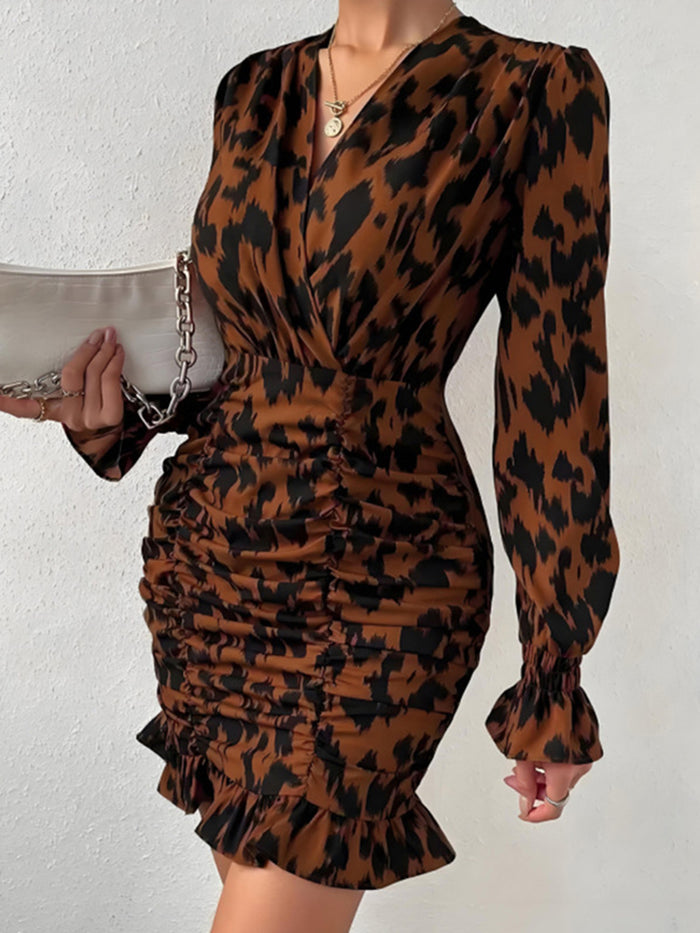 Hazel Blues® |  Ruched Ruffled Leopard Surplice Long Sleeve Dress