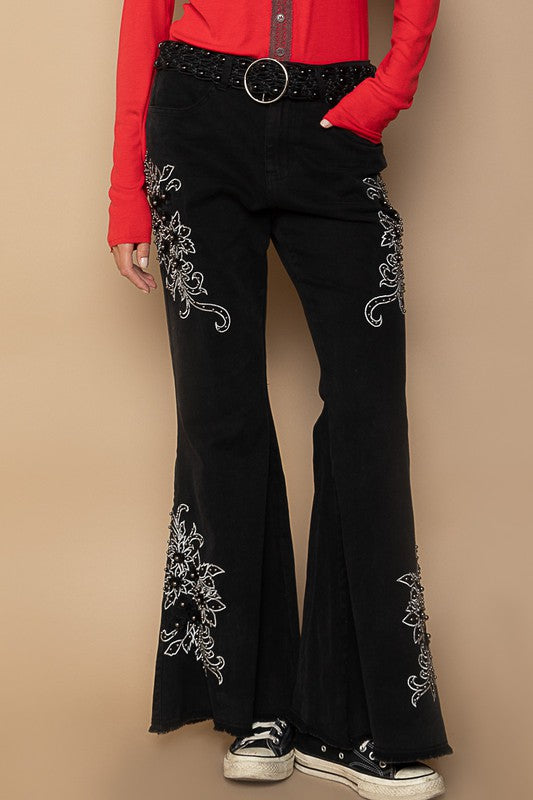 Hazel Blues® |  POL Raw Hem Embroidered Flare Pants