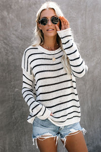 Hazel Blues® |  Striped Round Neck Drop Shoulder Sweater