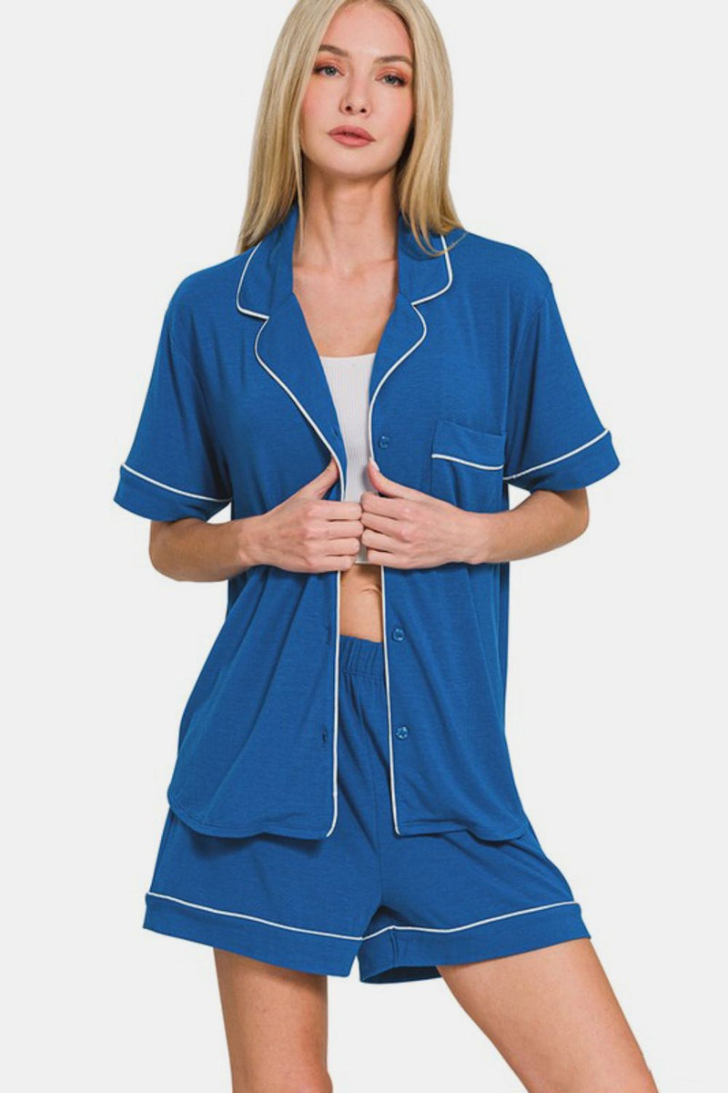 Hazel Blues® |  Zenana Button Down Short Sleeve Top and Shorts Lounge Set