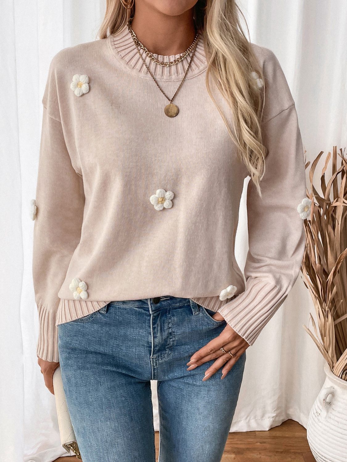 Hazel Blues® |  Perfee Flower Round Neck Long Sleeve Sweater