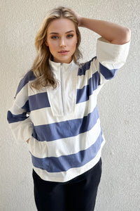 Hazel Blues® |  Oh Pima Cotton Wash Striped Half Zip Mock Neck Long Sleeve Top