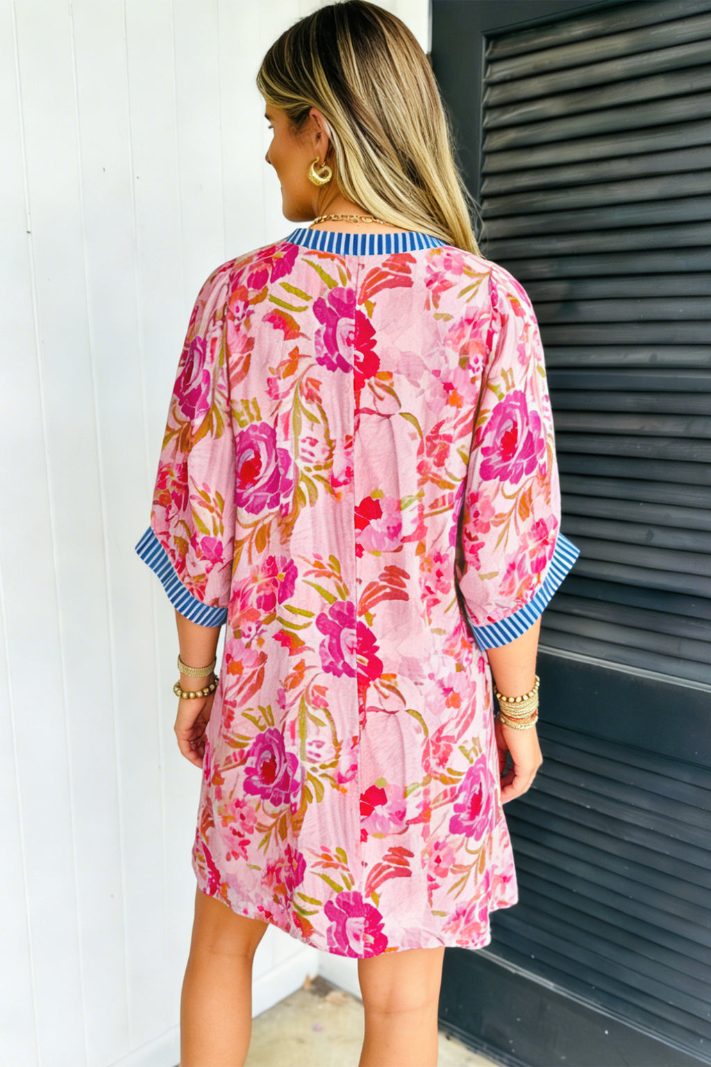 Multicolor Floral Striped Patchwork Trim Half-Sleeve Mini Dress