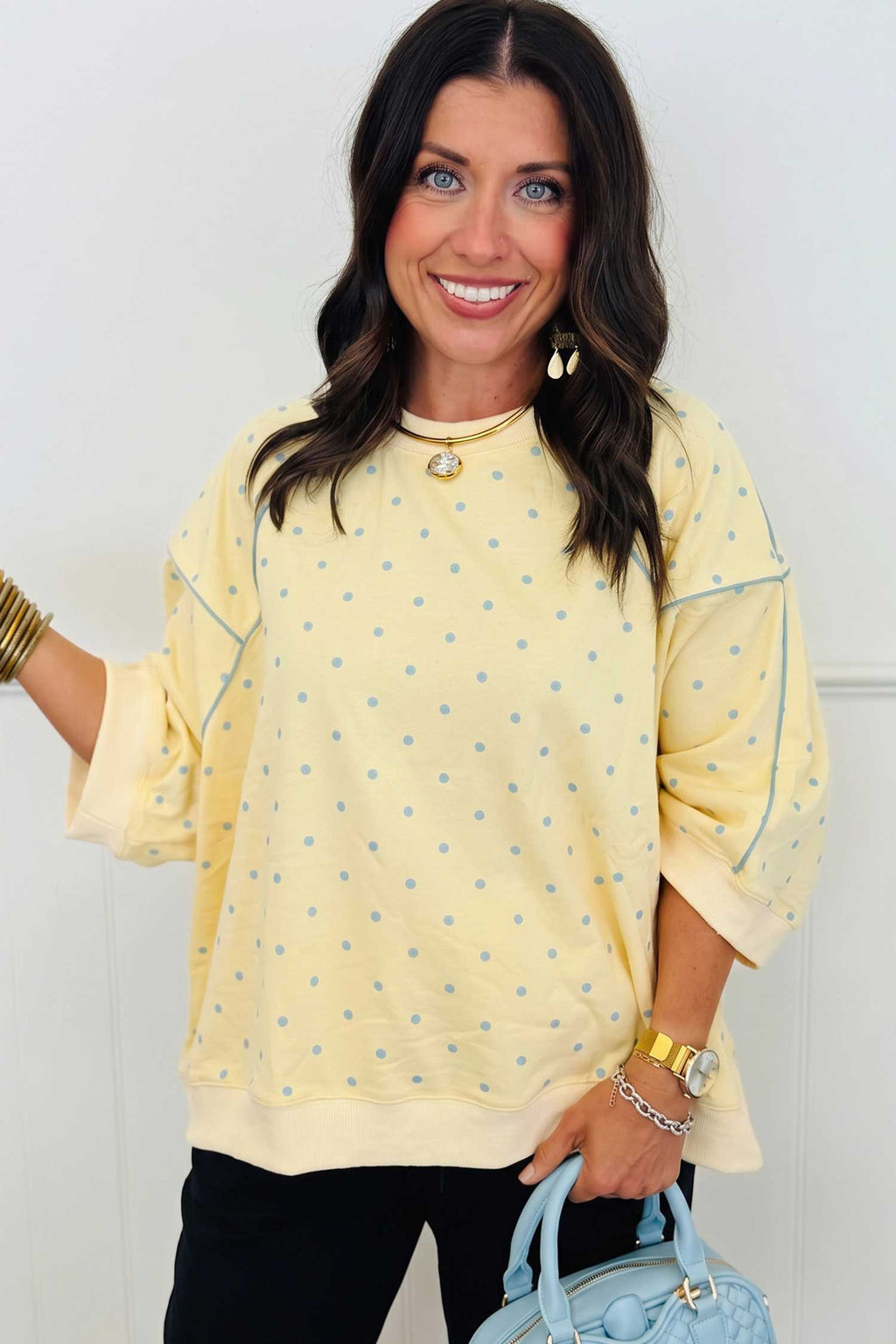 Ruby Skye Yellow Polka Dot Print Piping Trim 3/4-Sleeve Relaxed Top