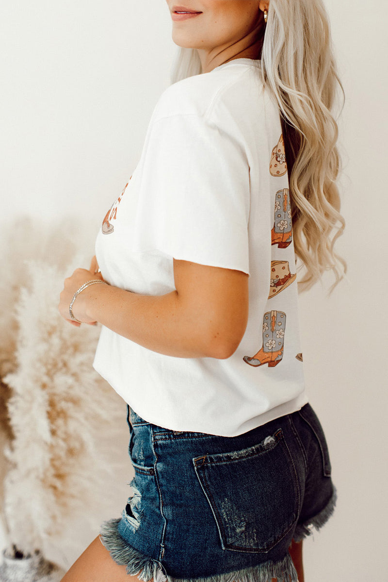 Hazel Blues® |  White Double-Side Cowboy Hat & Boots Graphic Tee