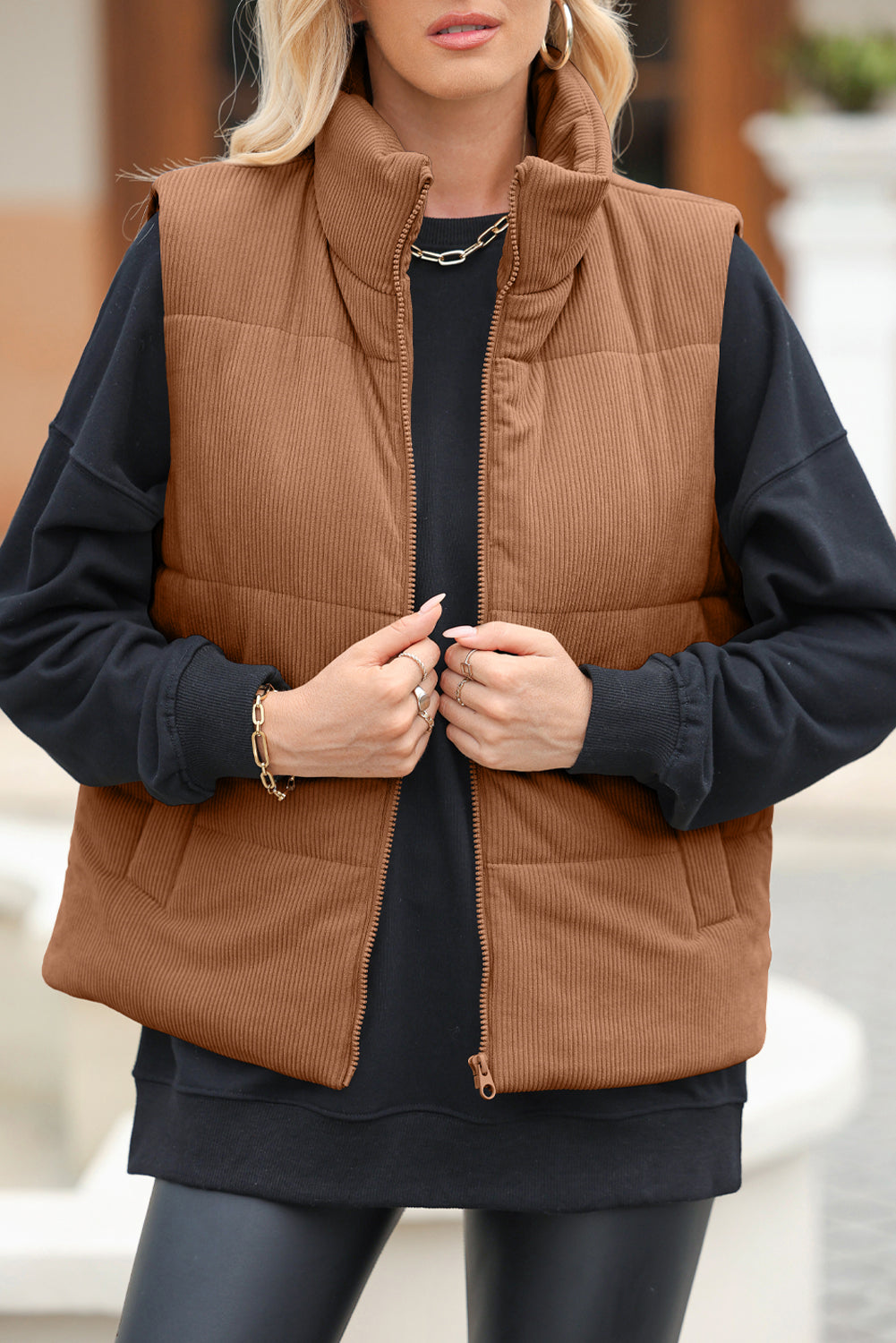 Hazel Blues® |  Pocketed Zip Up Turtleneck Vest Coat