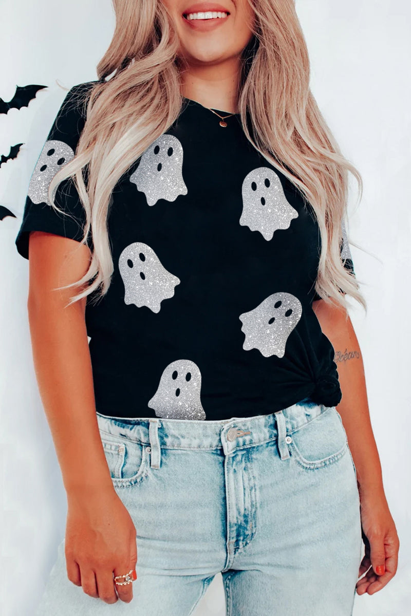 Hazel Blues® |  Black Glitter Ghost Pattern Crew Neck Halloween T Shirt