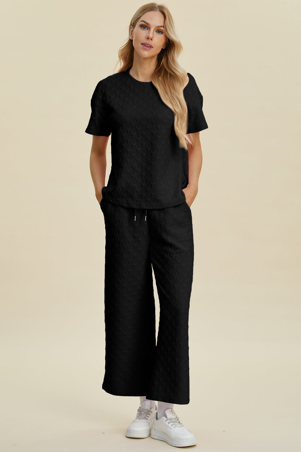 Hazel Blues® |  Double Take Texture Round Neck Short Sleeve Top and Pants Set