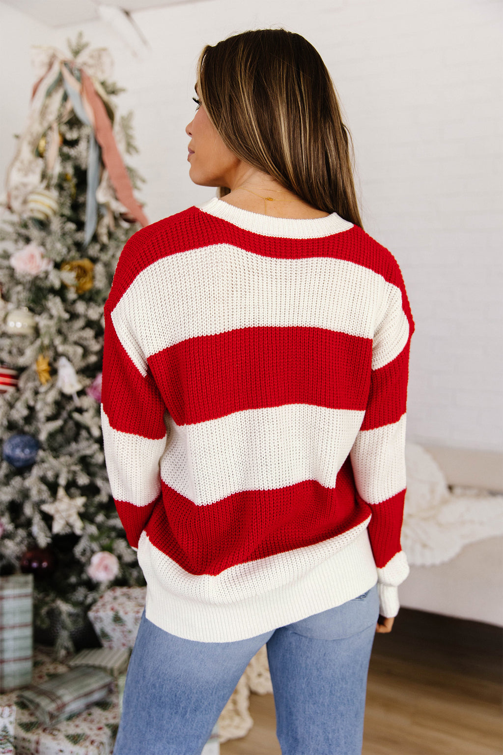 Red Stripe MERRY Drop-Shoulder Christmas Sweater