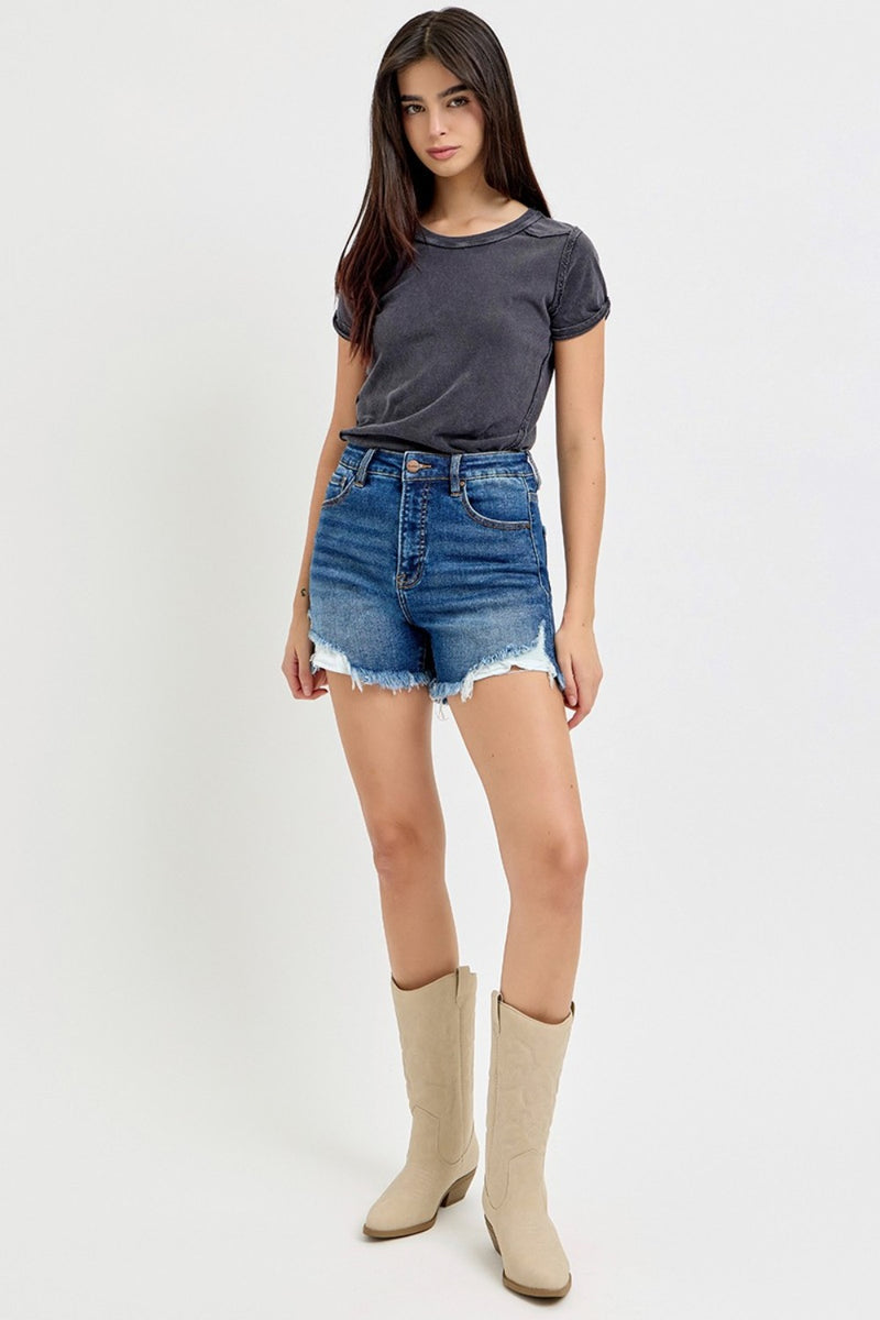 Hazel Blues® |  RISEN High Rise Side Step Hem Denim Shorts