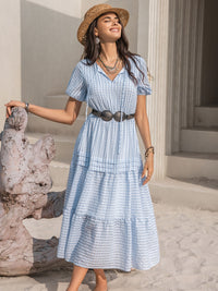 Hazel Blues® |  Tie Neck Balloon Sleeve Tiered Dress