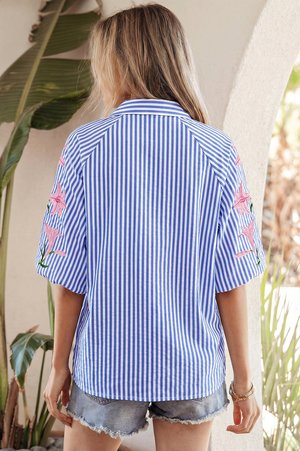 Sky Blue Stripe Lily Floral Embroidered Puff-Sleeve Button-Down Shirt