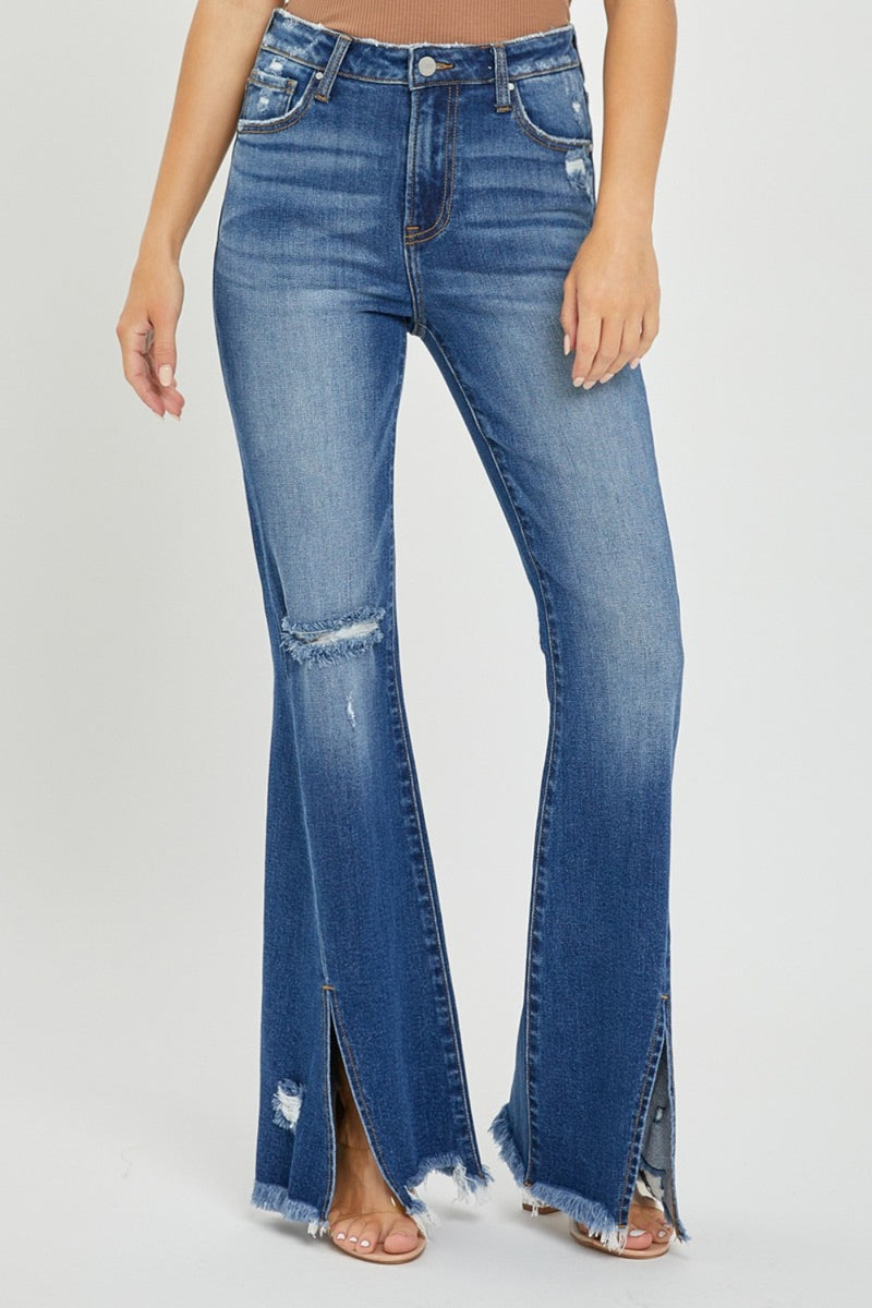 Hazel Blues® |  RISEN High Rise Front Slit Frayed Hem Flare Jeans