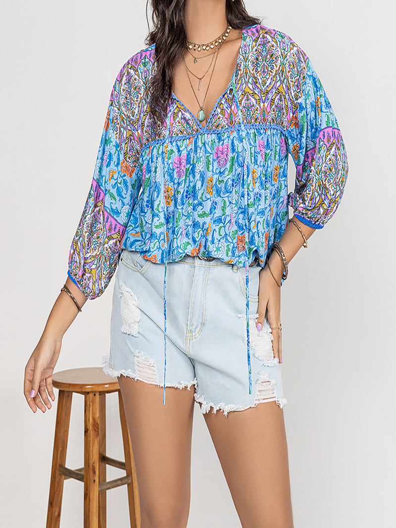 Hazel Blues® | Printed Tie Neck Balloon Sleeve Blouse