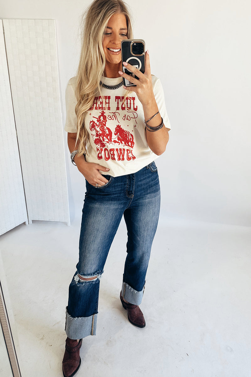 Hazel Blues® |  White JUST HERE For THE COWBOY Cuffed Sleeve Crew Neck T Shirt