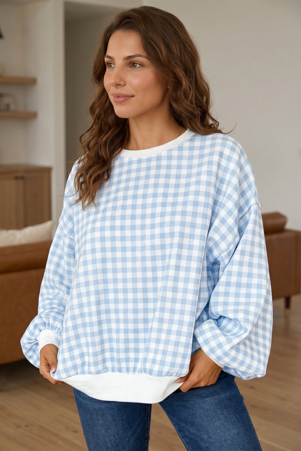 Plaid Round Neck Long Sleeve Sweatshirt | Plaid Long Sleeve Round Neck Sweatshirt