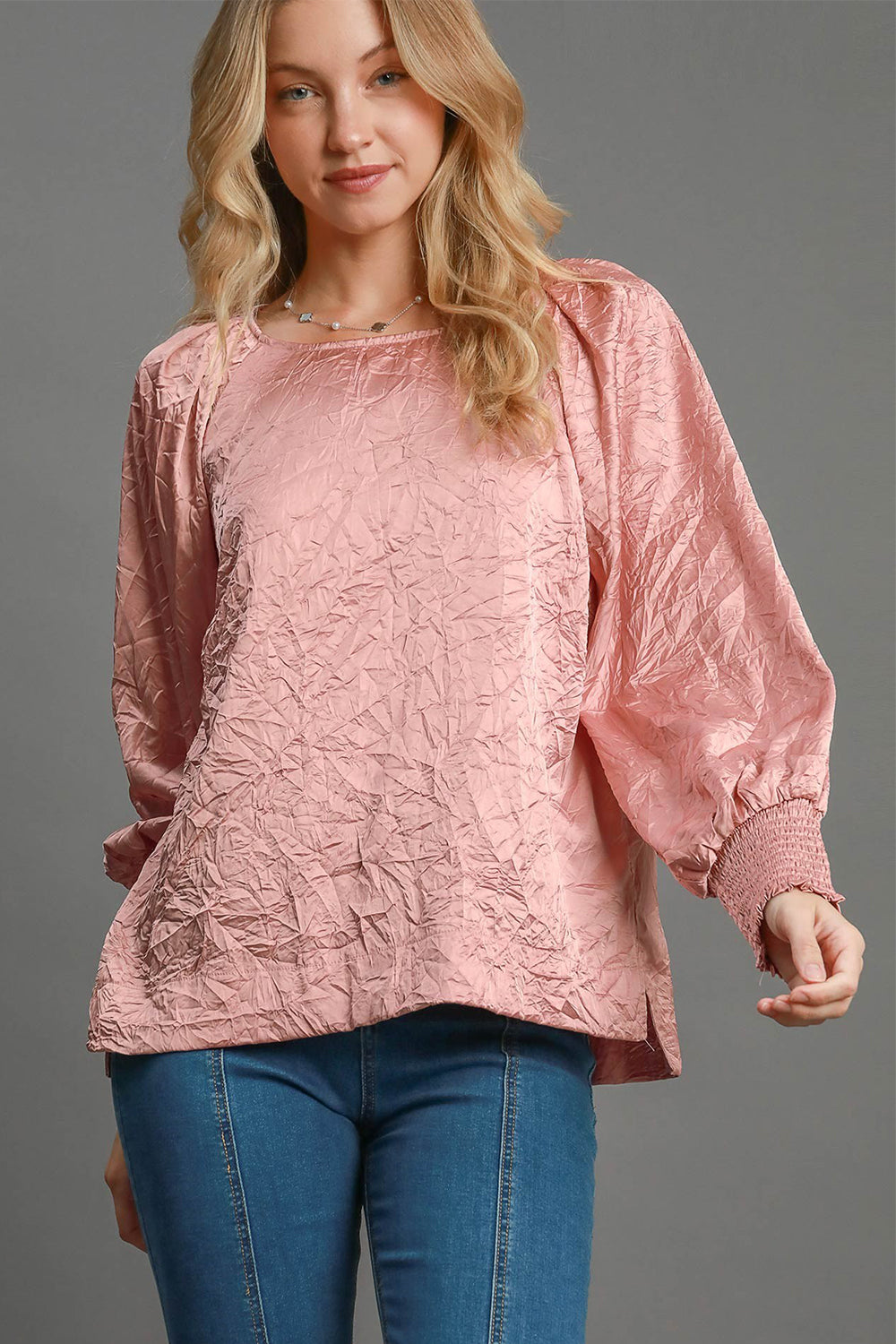 Hazel Blues® |  Umgee Wrinkled Round Neck Lantern Sleeve Blouse