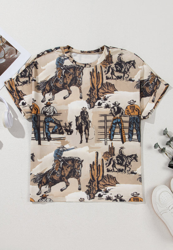 Hazel Blues® |  Cowboy Print Round Neck Short Sleeve T Shirt