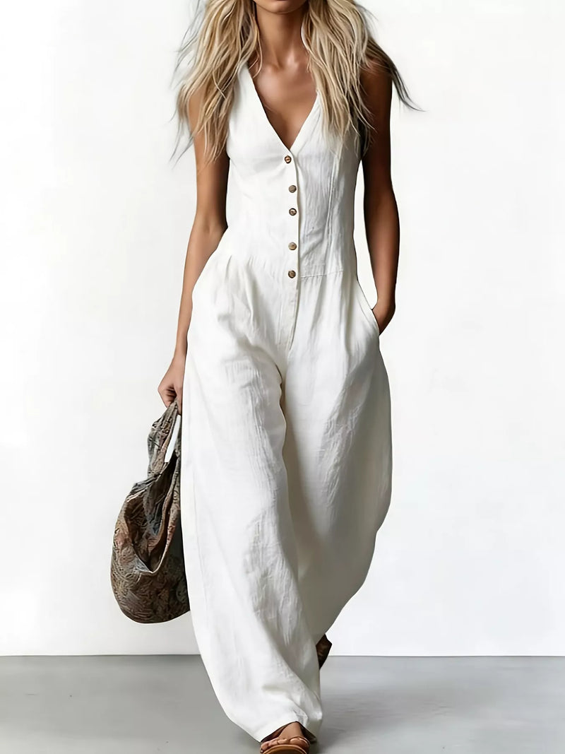 V-Neck Button-Down Wide-Leg Jumpsuit – Hazel Blues®