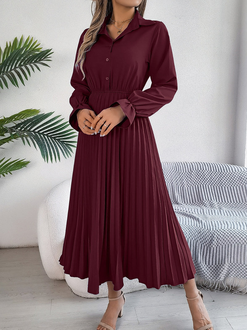 Hazel Blues® |  Pleated Half Button Long Sleeve Midi Dress