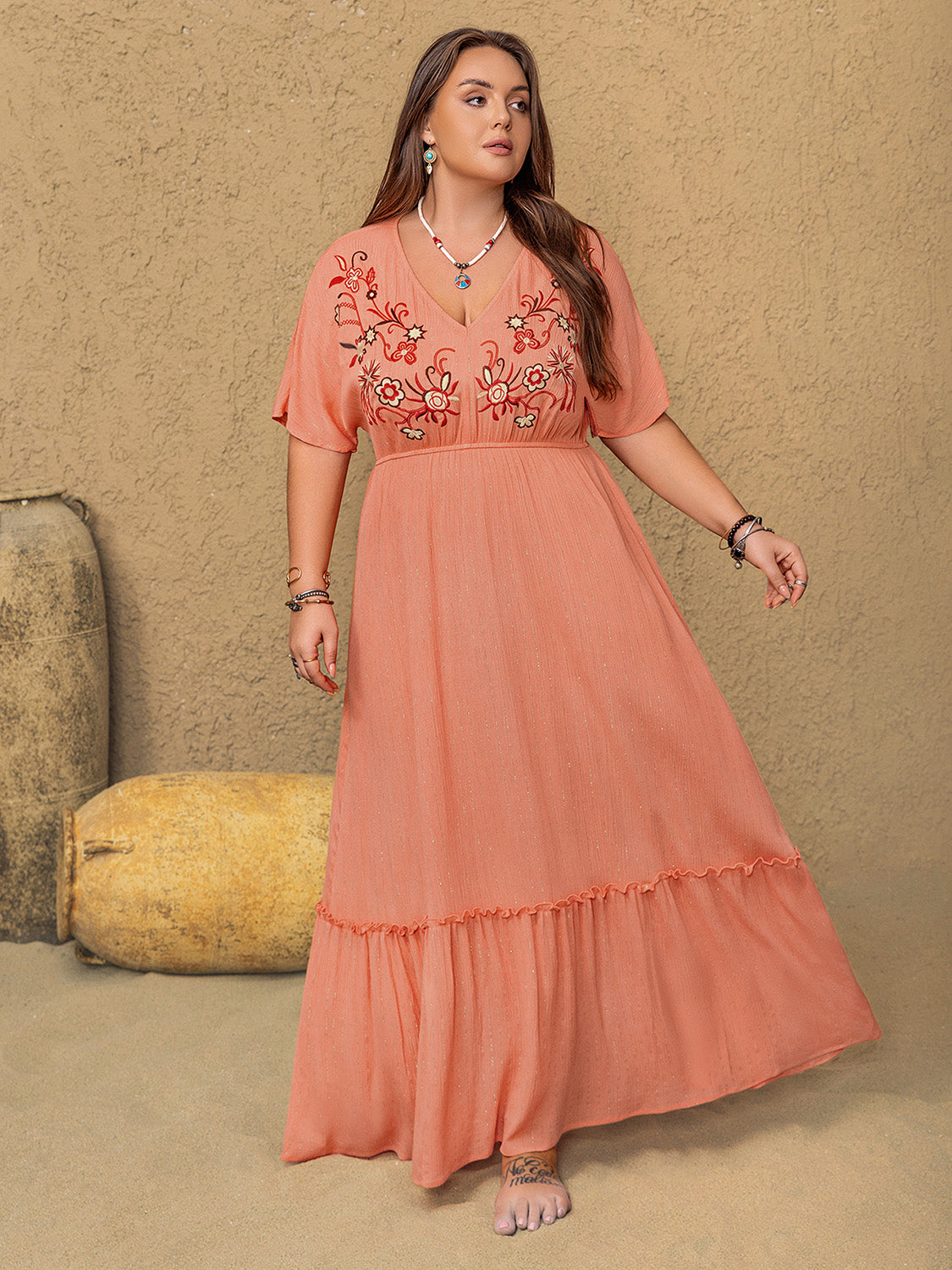 Hazel Blues® | Frill Embroidered V-Neck Half Sleeve Maxi Dress