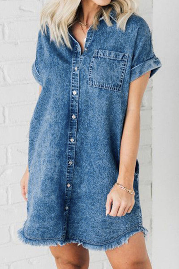 Hazel Blues® |  Raw Hem Pocketed Cap Sleeve Denim Dress