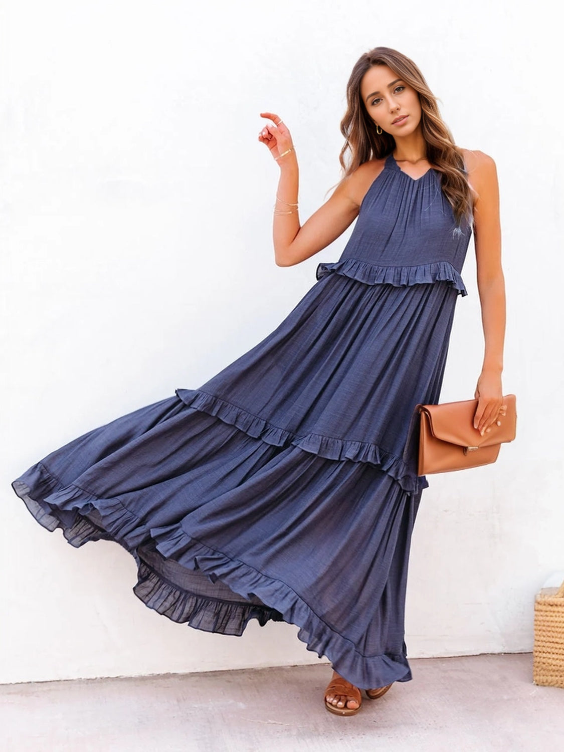 Hazel Blues® |  Ruffled Sleeveless Tiered Maxi Dress with Pockets